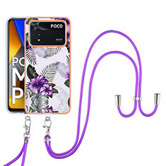 Silicone Candy Rubber Gel Fashionable Pattern Soft Case Cover with Lanyard Strap YB3 for Xiaomi Poco M4 Pro 4G Purple