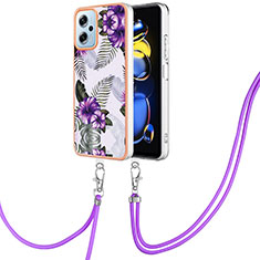 Silicone Candy Rubber Gel Fashionable Pattern Soft Case Cover with Lanyard Strap YB3 for Xiaomi Poco X4 GT 5G Purple