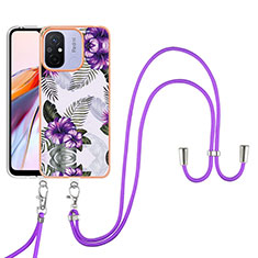 Silicone Candy Rubber Gel Fashionable Pattern Soft Case Cover with Lanyard Strap YB3 for Xiaomi Redmi 12C 4G Purple