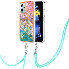 Silicone Candy Rubber Gel Fashionable Pattern Soft Case Cover with Lanyard Strap YB3 for Xiaomi Redmi Note 11T Pro 5G Colorful