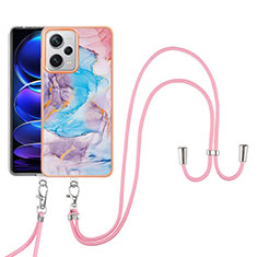 Silicone Candy Rubber Gel Fashionable Pattern Soft Case Cover with Lanyard Strap YB3 for Xiaomi Redmi Note 12 Explorer Blue