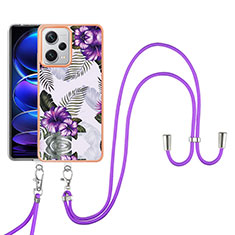 Silicone Candy Rubber Gel Fashionable Pattern Soft Case Cover with Lanyard Strap YB3 for Xiaomi Redmi Note 12 Explorer Purple