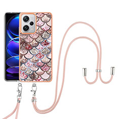 Silicone Candy Rubber Gel Fashionable Pattern Soft Case Cover with Lanyard Strap YB3 for Xiaomi Redmi Note 12 Pro+ Plus 5G Brown