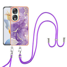 Silicone Candy Rubber Gel Fashionable Pattern Soft Case Cover with Lanyard Strap YB5 for Huawei Honor 90 5G Purple