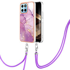 Silicone Candy Rubber Gel Fashionable Pattern Soft Case Cover with Lanyard Strap YB5 for Huawei Honor X8b Clove Purple