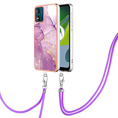 Silicone Candy Rubber Gel Fashionable Pattern Soft Case Cover with Lanyard Strap YB5 for Motorola Moto E13 Clove Purple