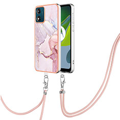 Silicone Candy Rubber Gel Fashionable Pattern Soft Case Cover with Lanyard Strap YB5 for Motorola Moto E13 Pink