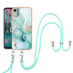 Silicone Candy Rubber Gel Fashionable Pattern Soft Case Cover with Lanyard Strap YB5 for Nokia C12 Green