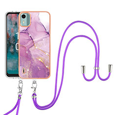 Silicone Candy Rubber Gel Fashionable Pattern Soft Case Cover with Lanyard Strap YB5 for Nokia C12 Plus Clove Purple