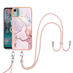 Silicone Candy Rubber Gel Fashionable Pattern Soft Case Cover with Lanyard Strap YB5 for Nokia C12 Plus Pink