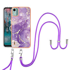 Silicone Candy Rubber Gel Fashionable Pattern Soft Case Cover with Lanyard Strap YB5 for Nokia C12 Plus Purple