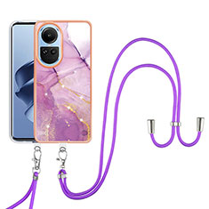 Silicone Candy Rubber Gel Fashionable Pattern Soft Case Cover with Lanyard Strap YB5 for Oppo Reno10 Pro 5G Clove Purple