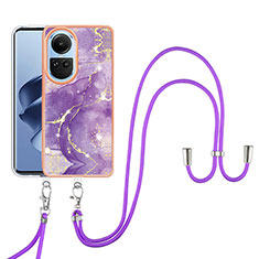 Silicone Candy Rubber Gel Fashionable Pattern Soft Case Cover with Lanyard Strap YB5 for Oppo Reno10 Pro 5G Purple