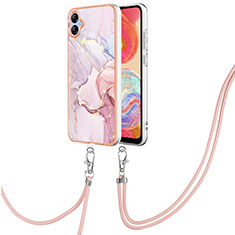 Silicone Candy Rubber Gel Fashionable Pattern Soft Case Cover with Lanyard Strap YB5 for Samsung Galaxy A04E Pink