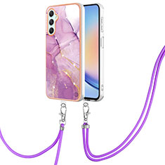 Silicone Candy Rubber Gel Fashionable Pattern Soft Case Cover with Lanyard Strap YB5 for Samsung Galaxy A24 4G Clove Purple