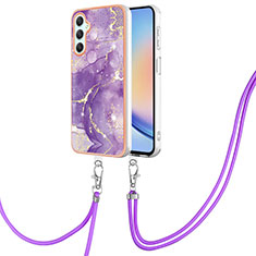 Silicone Candy Rubber Gel Fashionable Pattern Soft Case Cover with Lanyard Strap YB5 for Samsung Galaxy A24 4G Purple