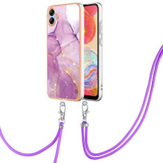 Silicone Candy Rubber Gel Fashionable Pattern Soft Case Cover with Lanyard Strap YB5 for Samsung Galaxy F04 Clove Purple