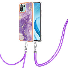 Silicone Candy Rubber Gel Fashionable Pattern Soft Case Cover with Lanyard Strap YB5 for Xiaomi Mi 11 Lite 4G Purple