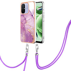 Silicone Candy Rubber Gel Fashionable Pattern Soft Case Cover with Lanyard Strap YB5 for Xiaomi Poco C55 Clove Purple