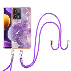 Silicone Candy Rubber Gel Fashionable Pattern Soft Case Cover with Lanyard Strap YB5 for Xiaomi Poco F5 5G Purple