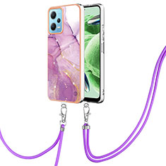 Silicone Candy Rubber Gel Fashionable Pattern Soft Case Cover with Lanyard Strap YB5 for Xiaomi Poco X5 5G Clove Purple