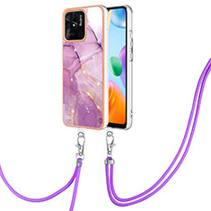 Silicone Candy Rubber Gel Fashionable Pattern Soft Case Cover with Lanyard Strap YB5 for Xiaomi Redmi 10 India Clove Purple