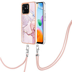 Silicone Candy Rubber Gel Fashionable Pattern Soft Case Cover with Lanyard Strap YB5 for Xiaomi Redmi 10 India Pink