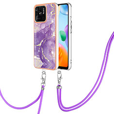 Silicone Candy Rubber Gel Fashionable Pattern Soft Case Cover with Lanyard Strap YB5 for Xiaomi Redmi 10 India Purple