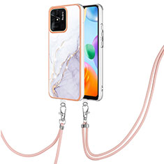 Silicone Candy Rubber Gel Fashionable Pattern Soft Case Cover with Lanyard Strap YB5 for Xiaomi Redmi 10 India White