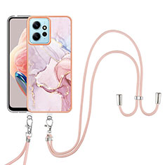 Silicone Candy Rubber Gel Fashionable Pattern Soft Case Cover with Lanyard Strap YB5 for Xiaomi Redmi Note 12 4G Pink