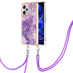 Silicone Candy Rubber Gel Fashionable Pattern Soft Case Cover with Lanyard Strap YB5 for Xiaomi Redmi Note 12 Explorer Purple