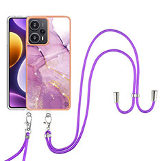 Silicone Candy Rubber Gel Fashionable Pattern Soft Case Cover with Lanyard Strap YB5 for Xiaomi Redmi Note 12 Turbo 5G Clove Purple