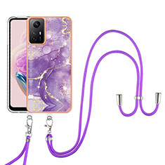 Silicone Candy Rubber Gel Fashionable Pattern Soft Case Cover with Lanyard Strap YB5 for Xiaomi Redmi Note 12S Purple