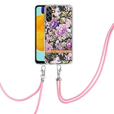 Silicone Candy Rubber Gel Fashionable Pattern Soft Case Cover with Lanyard Strap YB6 for Samsung Galaxy A34 5G Purple