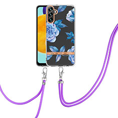 Silicone Candy Rubber Gel Fashionable Pattern Soft Case Cover with Lanyard Strap YB6 for Samsung Galaxy A54 5G Blue