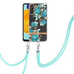 Silicone Candy Rubber Gel Fashionable Pattern Soft Case Cover with Lanyard Strap YB6 for Samsung Galaxy A54 5G Cyan