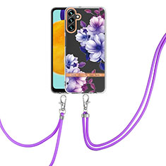 Silicone Candy Rubber Gel Fashionable Pattern Soft Case Cover with Lanyard Strap YB6 for Samsung Galaxy A54 5G Purple