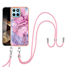 Silicone Candy Rubber Gel Fashionable Pattern Soft Case Cover with Lanyard Strap YB7 for Huawei Honor X8b Pink