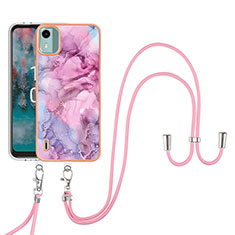 Silicone Candy Rubber Gel Fashionable Pattern Soft Case Cover with Lanyard Strap YB7 for Nokia C12 Plus Clove Purple