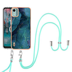 Silicone Candy Rubber Gel Fashionable Pattern Soft Case Cover with Lanyard Strap YB7 for Nokia C12 Plus Green