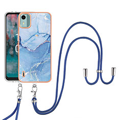 Silicone Candy Rubber Gel Fashionable Pattern Soft Case Cover with Lanyard Strap YB7 for Nokia C12 Pro Blue