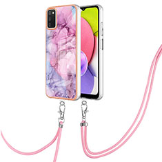 Silicone Candy Rubber Gel Fashionable Pattern Soft Case Cover with Lanyard Strap YB7 for Samsung Galaxy A03s Clove Purple