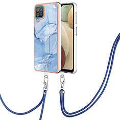 Silicone Candy Rubber Gel Fashionable Pattern Soft Case Cover with Lanyard Strap YB7 for Samsung Galaxy A12 5G Blue