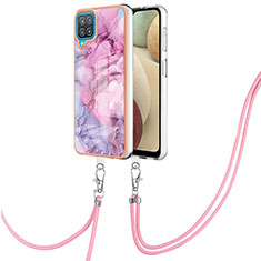 Silicone Candy Rubber Gel Fashionable Pattern Soft Case Cover with Lanyard Strap YB7 for Samsung Galaxy A12 5G Clove Purple