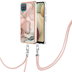 Silicone Candy Rubber Gel Fashionable Pattern Soft Case Cover with Lanyard Strap YB7 for Samsung Galaxy A12 Nacho Pink