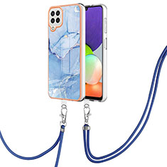 Silicone Candy Rubber Gel Fashionable Pattern Soft Case Cover with Lanyard Strap YB7 for Samsung Galaxy A22 4G Blue