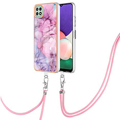 Silicone Candy Rubber Gel Fashionable Pattern Soft Case Cover with Lanyard Strap YB7 for Samsung Galaxy A22s 5G Clove Purple