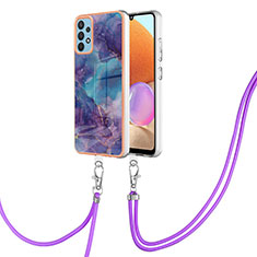 Silicone Candy Rubber Gel Fashionable Pattern Soft Case Cover with Lanyard Strap YB7 for Samsung Galaxy A32 4G Purple