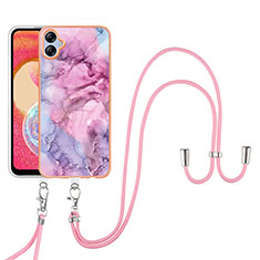 Silicone Candy Rubber Gel Fashionable Pattern Soft Case Cover with Lanyard Strap YB7 for Samsung Galaxy F04 Clove Purple