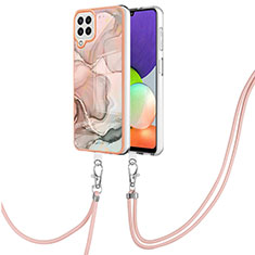 Silicone Candy Rubber Gel Fashionable Pattern Soft Case Cover with Lanyard Strap YB7 for Samsung Galaxy M32 4G Pink